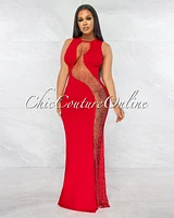 *Tamayo Red Mesh Silver Rhinestones Maxi Dress