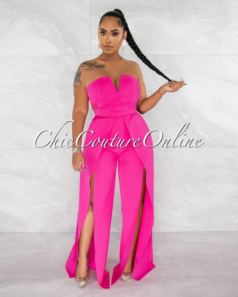 *Jaider Fuchsia Wide Slit Legs Jumpsuit