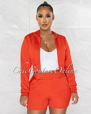 Gianpaul Tomato Red Crop Hoodie & Shorts Textured Set