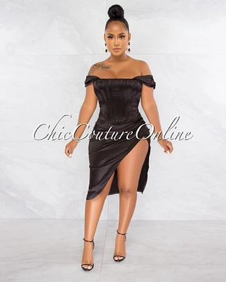 *Suyen Black Satin Drape Corset Midi Dress