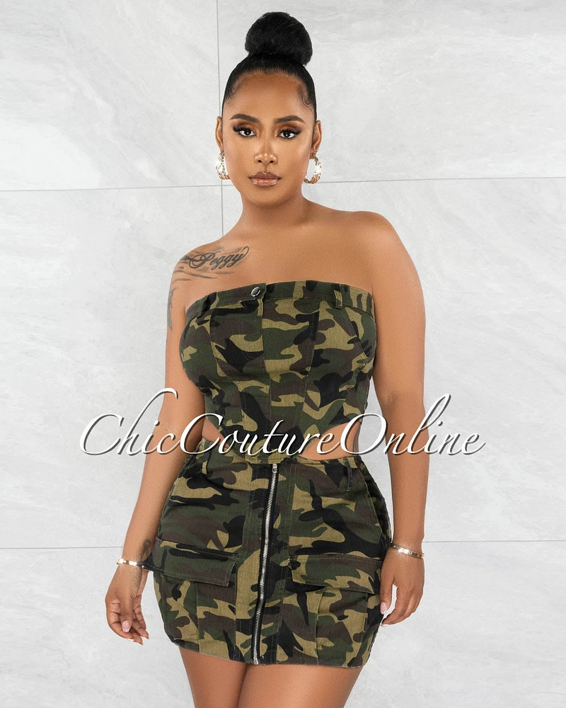 Sinna Camo Strapless Crop Top & Mini Cargo Skirt Set