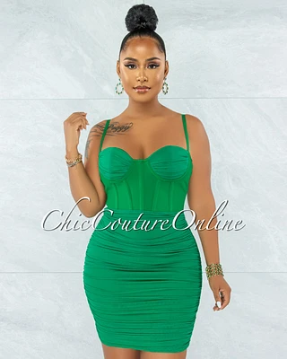 *Bassett Kelly Green Mesh Ruched Bandage Corset Dress