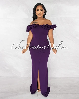 Clinton Purple Bubble Neckline Slit Maxi Dress