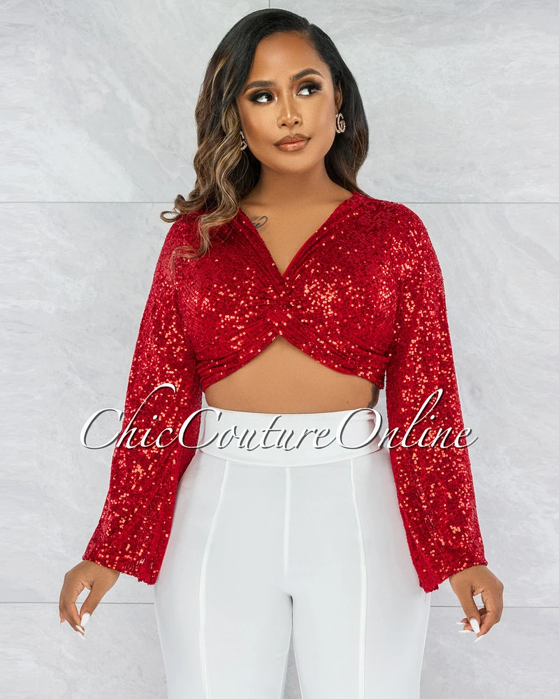 *Winder Red Sequin Front Knot Crop Top