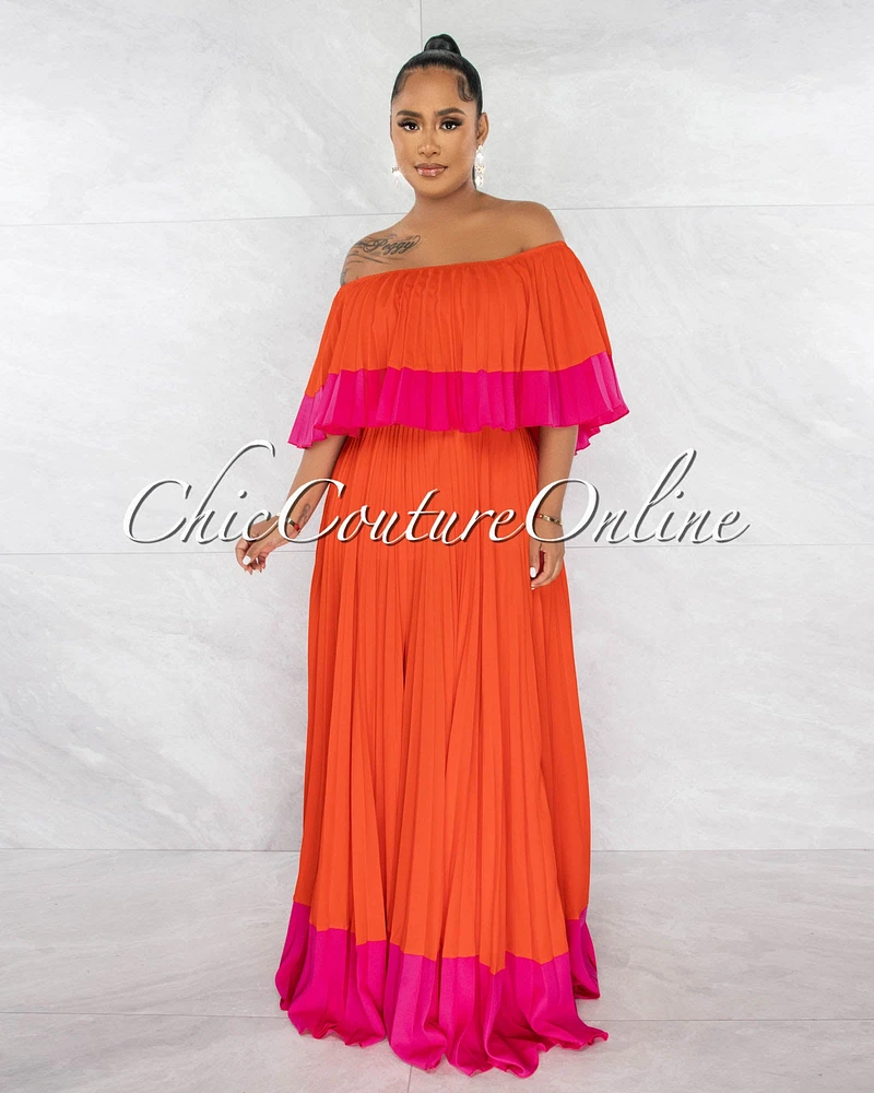 Xandy Tomato Fuchsia Off-The Shoulders Ruffle Maxi Dress