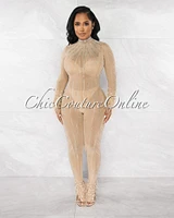 *Fannie Nude Silver Rhinestones Feather & Pearl Mesh Sheer Jumpsuit