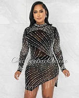 Caterina Pearl Rhinestones Fringe Mesh Dress