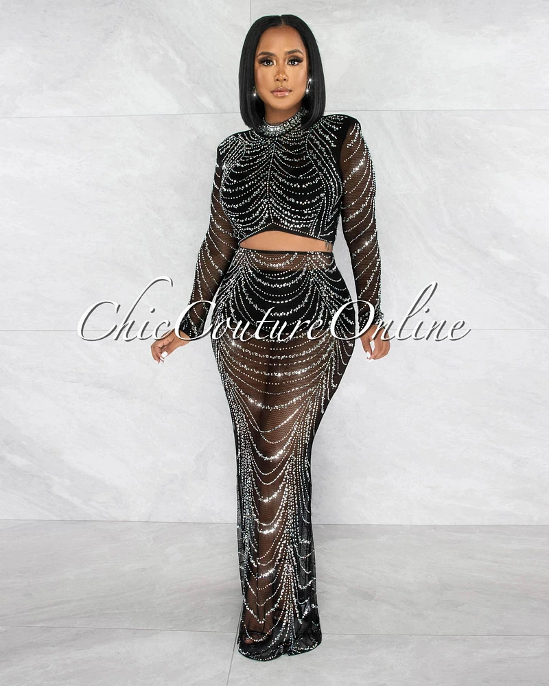 Frannis Black Rhinestones Mesh Sheer Crop Top & Maxi Skirt Set