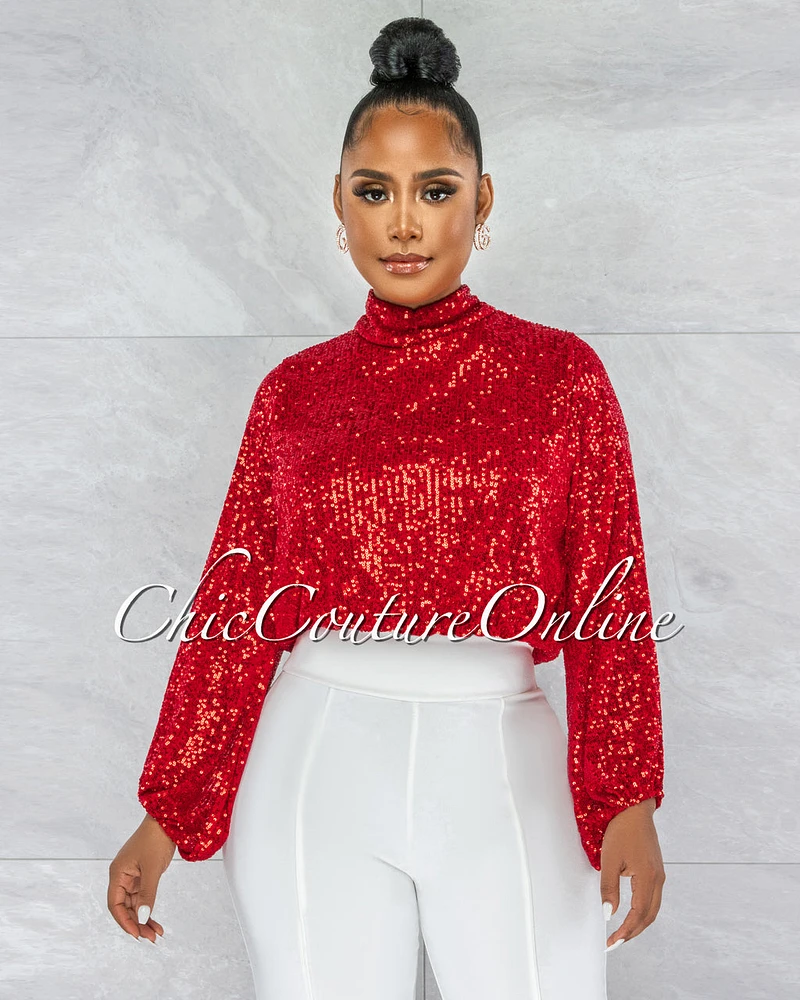 *Marvesa Red Sequins Drape Crop Top