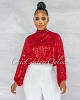 *Marvesa Red Sequins Drape Crop Top