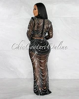 Frannis Black Rhinestones Mesh Sheer Crop Top & Maxi Skirt Set