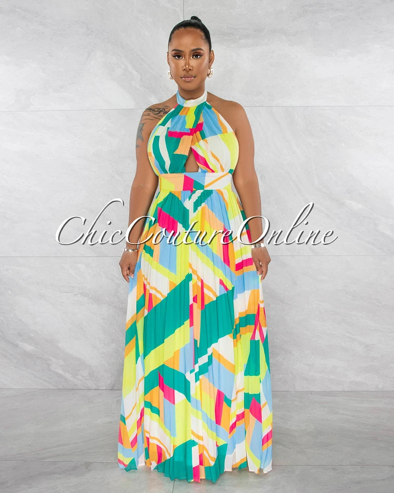 *Lucila Multi-Color Bust Key-Hole Pleated Maxi Dress