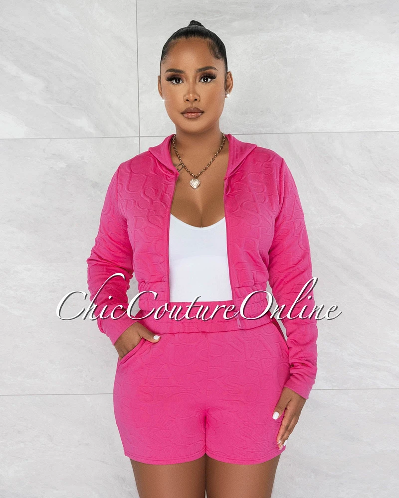 Gianpaul Bubblegum Pink Crop Hoodie & Shorts Textured Set