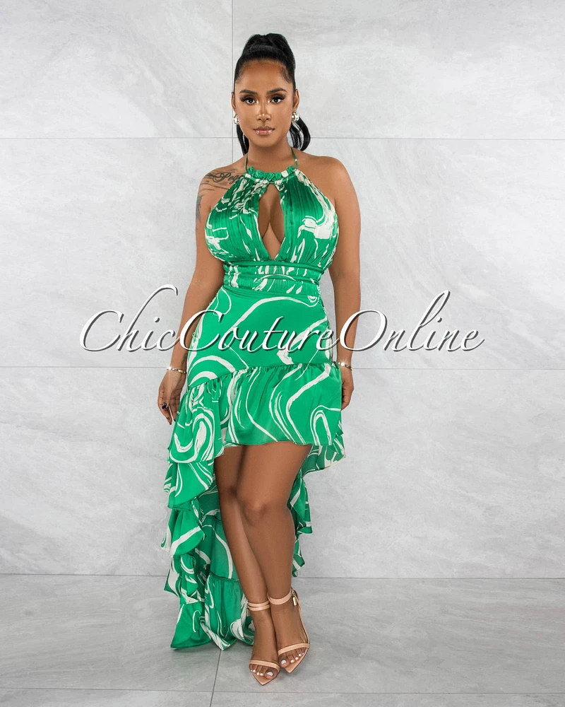 *Howard Green White Print Ruffle Hi-Lo Silky Dress