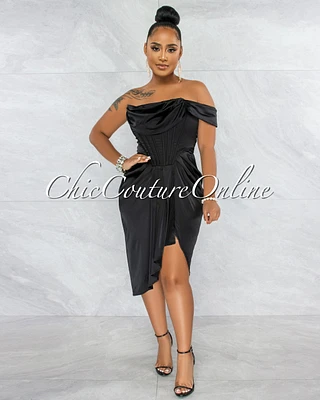 *Analisa Black Satin Drape Corset Midi Dress