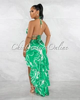 *Howard Green White Print Ruffle Hi-Lo Silky Dress