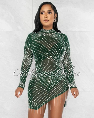 *Caterina Hunter Green Pearl Rhinestones Fringe Mesh Dress