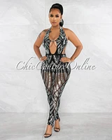 *Debrina Black Rhinestones Deep-V Halter Jumpsuit