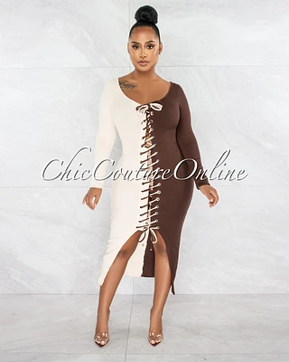 *Adova Brown Nude Two Tone Lace-Up Ribbed Dress