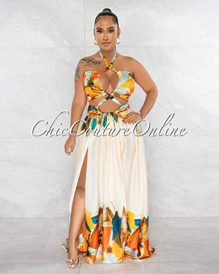 *Novia Ivory Orange Print Halter Cut-Out Maxi Dress