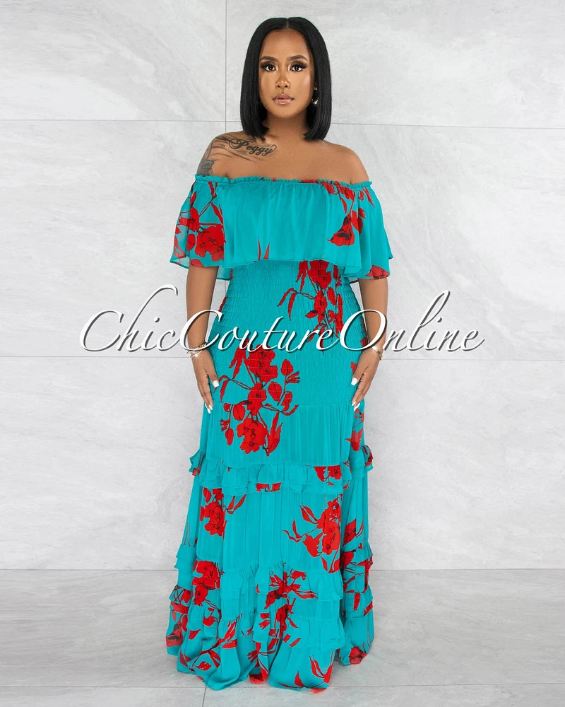 Ruth Green Red Print Off-The Shoulders Ruffle Maxi Dress