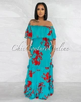 Ruth Green Red Print Off-The Shoulders Ruffle Maxi Dress