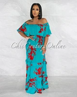 Ruth Green Red Print Off-The Shoulders Ruffle Maxi Dress