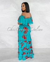 Ruth Green Red Print Off-The Shoulders Ruffle Maxi Dress