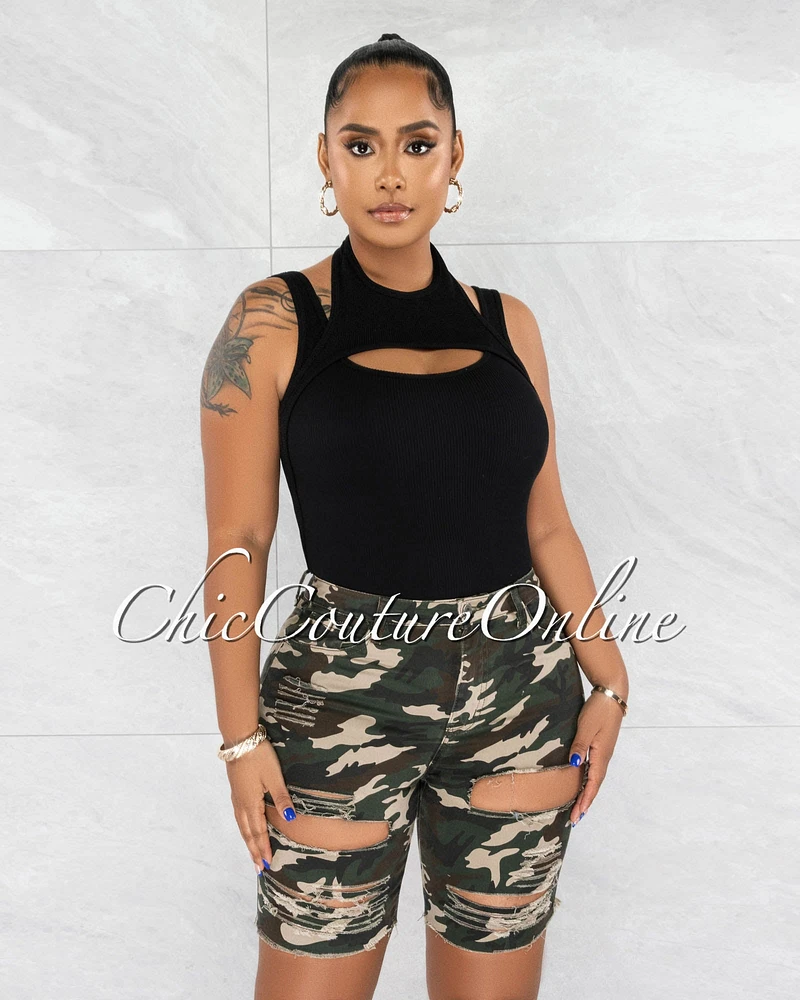 *Tammie Camo Denim Biker Distressed Shorts