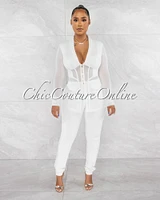 Bartise Off-White Mesh Details Peplum Top & Pants Set