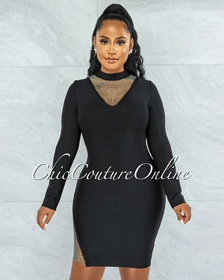 *Patrice Black Rhinestones Net Bandage Long Sleeves Dress