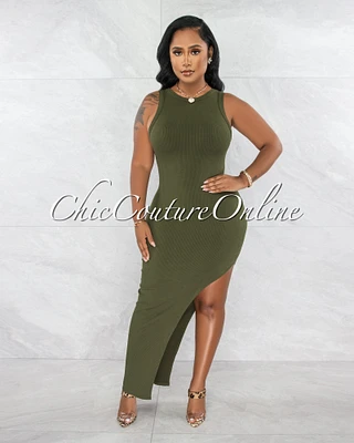 *Dionne Olive Green Ribbed Side Slit Maxi Dress