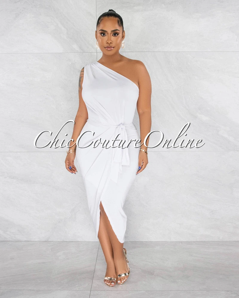 *Twyla Off-White Single Shoulder Front Slit Midi Dress