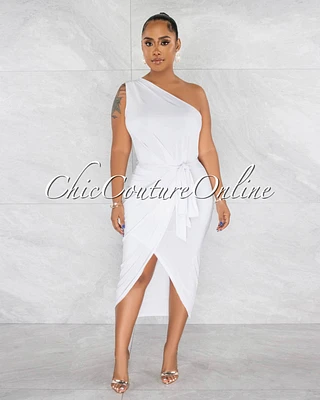 *Twyla Off-White Single Shoulder Front Slit Midi Dress