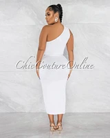 *Twyla Off-White Single Shoulder Front Slit Midi Dress