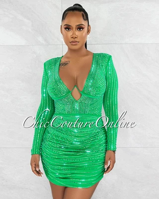 *Davis Green Rhinestones Hem Mesh Dress