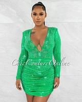 *Davis Green Rhinestones Hem Mesh Dress