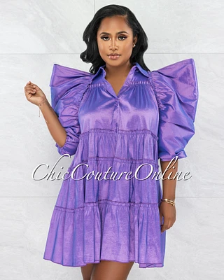 *Londra Purple Dramatic Sleeves Shirt Taffeta Dress