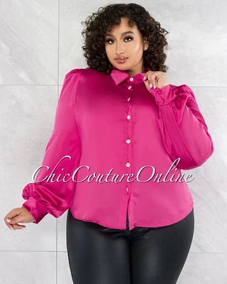 *Bacila Fuchsia Silky Silver Buttons CURVY Blouse