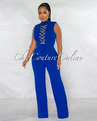 *Brandy Royal Blue Gold Link Lace-Up Jumpsuit