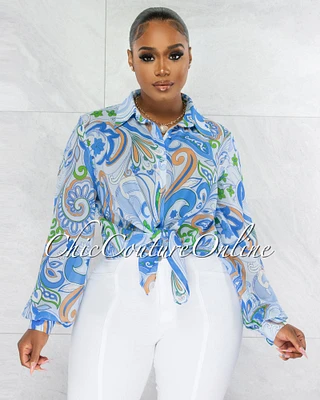 *Corolla Baby Blue Print Buttoned Semi-Sheer Blouse