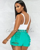 *Pamelah Green Denim Distressed Shorts