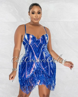 *Cira Royal Blue Iridescent Sequins Fringe Mini Dress