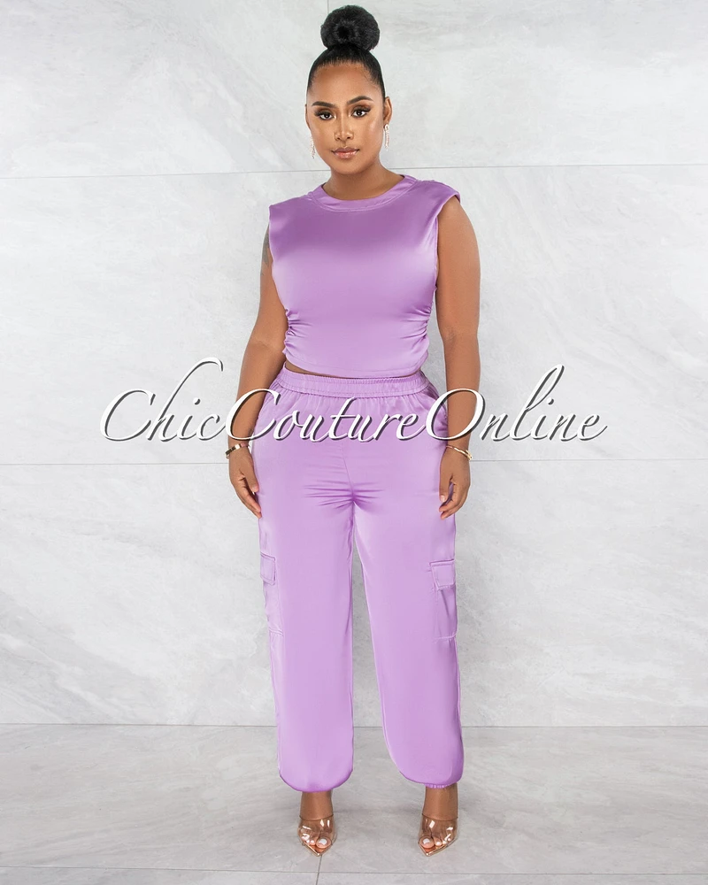 *Fabiana Lilac Draped Crop Top & Jogger Cargo Silky Set