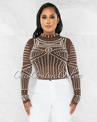 *Shakk Brown Mesh Pearl Decor Luxe Sheer Crop Top