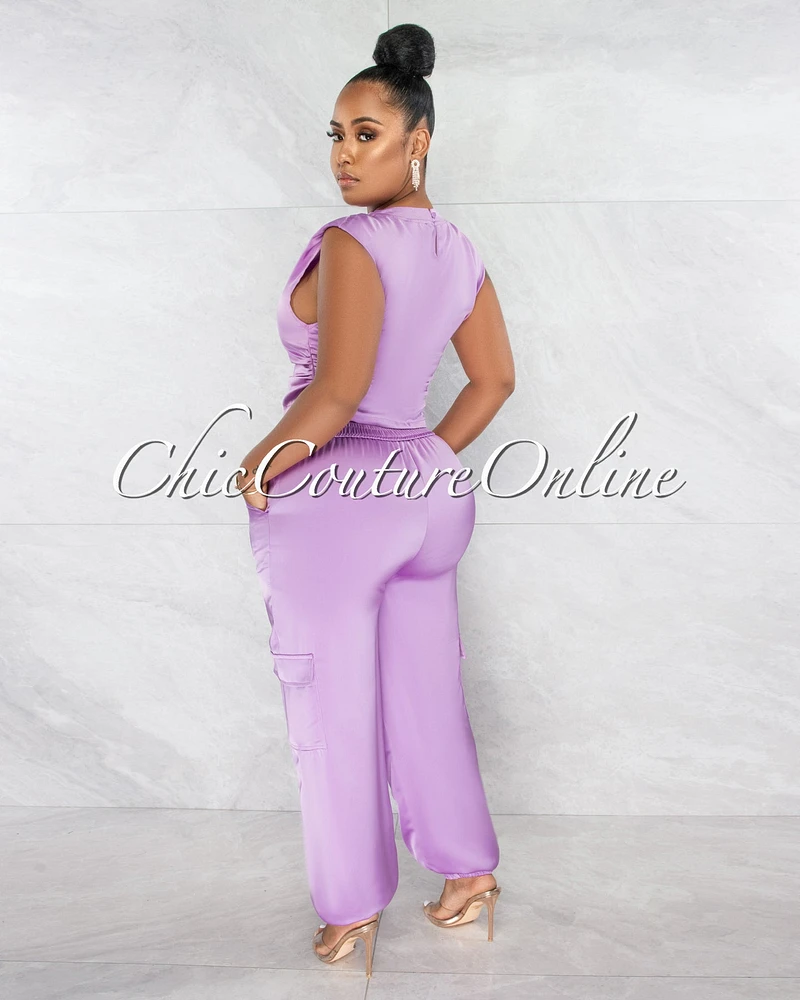 *Fabiana Lilac Draped Crop Top & Jogger Cargo Silky Set