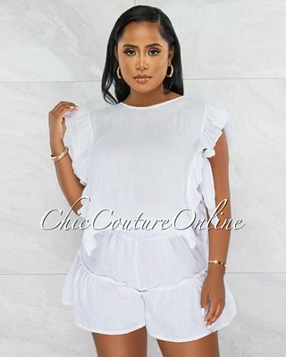 *Marissa Off-White Ruffle Tie Top & Ruffle Shorts LINEN Set