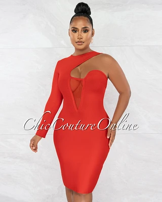 *Erica Red Single Shoulder Design Bandage Dress