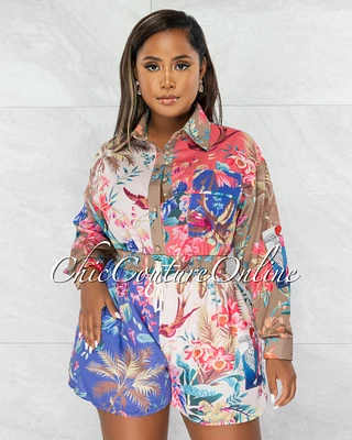 *Vivica Salmon Floral Long Shirt & Flutter Mini Shorts Set