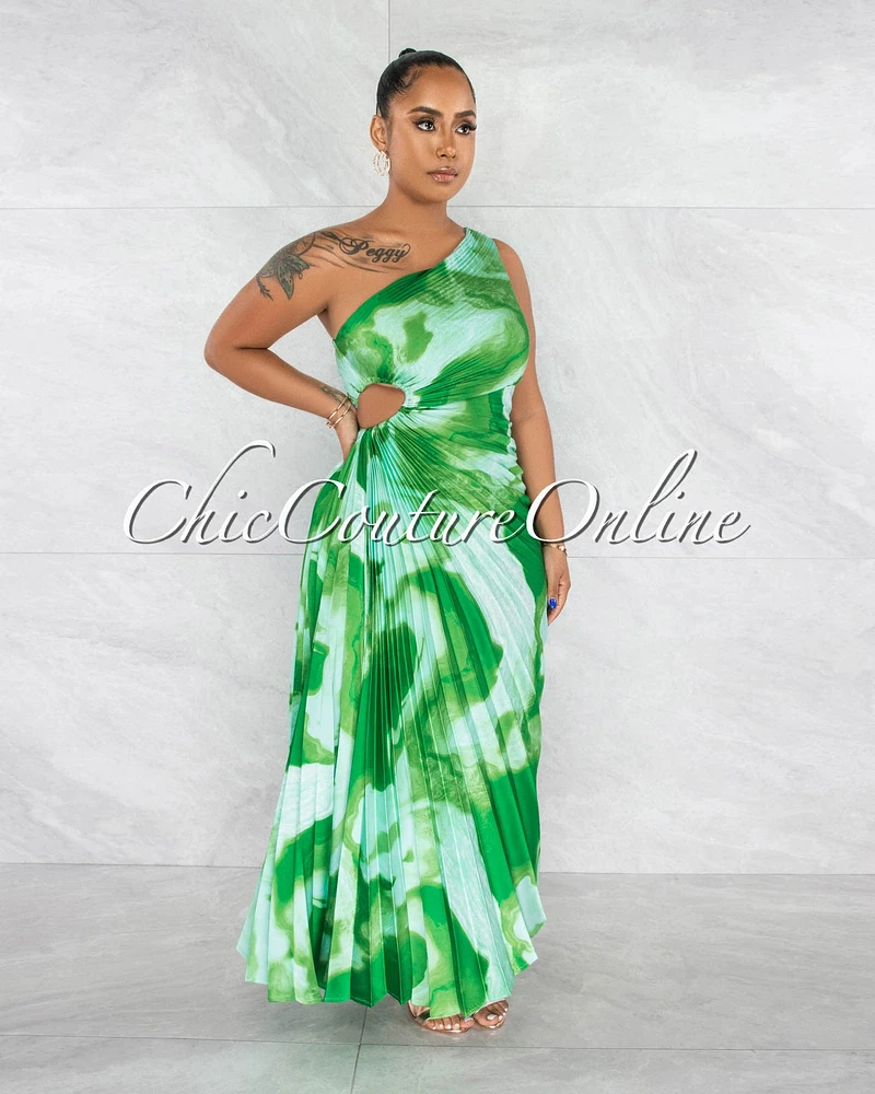 *Hilary Green Print Pleated Single Shoulder Maxi Dress